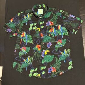 RSVLTS Shirt Mens Extra 2XL Black Parrot Tropical Floral Button Up Hawaiian